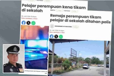 Laporan Sinar Harian mengenai pelajar perempuan kena tikam di sekolah. Gambar kecil: Mohd Akmalrizal