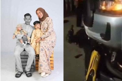 Gambar kenangan Muhammad Zarol Che Aziz bersama dua anaknya. Keadaan motosikal mangsa terlibat kemalangan. Gambar tular media sosial 