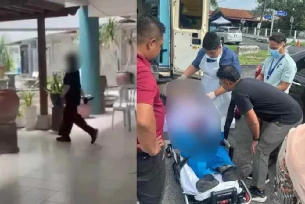Tangkap layar video tular memaparkan seorang wanita berpakaian serba hitam sedang memegang sebilah pisau dan berlegar dalam kawasan sekolah. Gambar kanan: Mangsa yang dilaporkan cedera ditikam suspek.