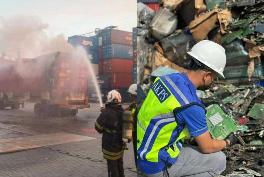 Anggota bomba sedang memadamkan kebakaran sebuah kontena mengandungi e-waste di sini pada Isnin.