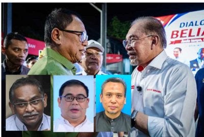 Anwar (kanan) bertemu dengan Mohd Puad Zarkashi (kiri) pada program Dialog Terbuka Belia Johor di Dewan Felda Ulu Tebrau pada baru-baru ini. Gambar kecil: Dari kiri: G Manimaran, Awang Azman dan Mohd Azhar