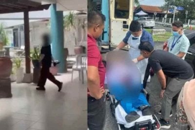 Tangkap layar video tular memaparkan seorang wanita berpakaian serba hitam sedang memegang sebilah pisau dan berlegar dalam kawasan sekolah. Gambar kanan: Mangsa yang dilaporkan cedera ditikam suspek.