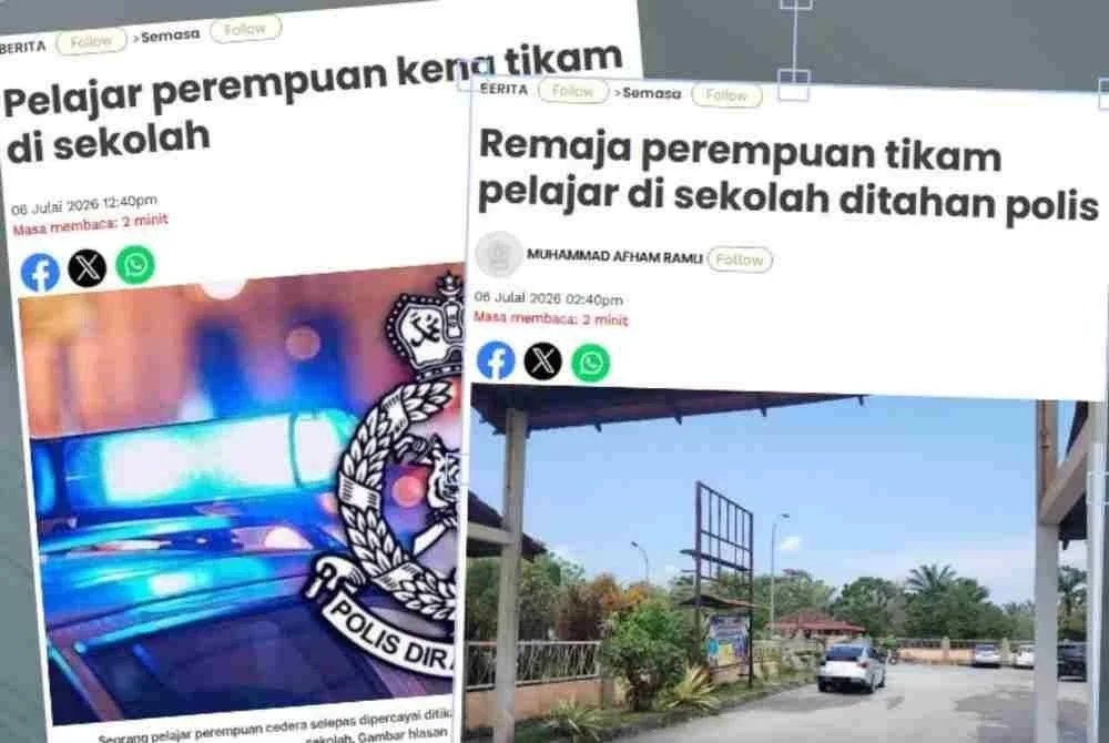 Laporan Sinar Harian pada Isnin mengenai kes pelajar perempuan ditikam di sekolah.