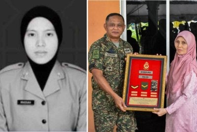 Azhan menyerahkan Sijil Kelulusan Kenaikan Pangkat kepada Zaleha ketika mengadakan lawatan kebajikan kepada keluarga Allahyarhamah. Foto Ihsan ATM. Gambar kiri: Allahyarhamah Siti Khadijah