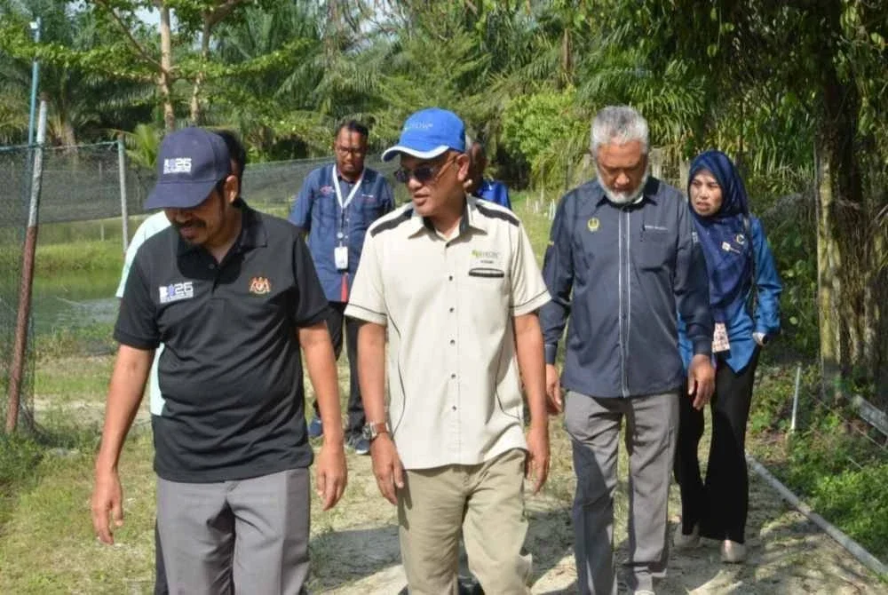 Nordin (dua dari kiri) bersama Mohd Uzir (kiri) ketika melawat projek keterjaminan rantaian bekalan ikan air tawar IGROW di HTA Aquaculture di Changkat Tualang, Kampar baru-baru ini.