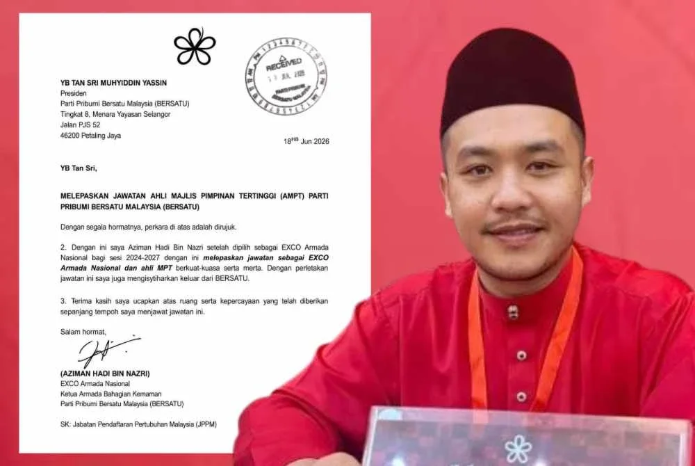 Aziman Hadi mengumumkan peletakan jawatan Exco Armada Nasional dan Ahli MPT Bersatu berkuat kuasa serta-merta. - FOTO: Facebook Aziman Hadi