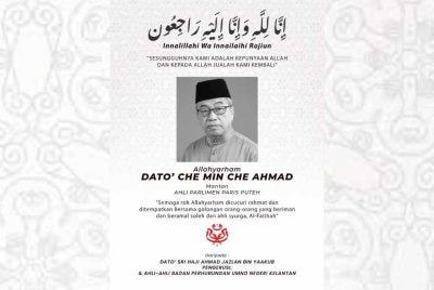 Bekas Ahli Parlimen Pasir Puteh dari BN) Datuk Che Min Che Ahmad meninggal dunia di rumahnya di Kampung Nara, Pasir Puteh pada Jumaat.