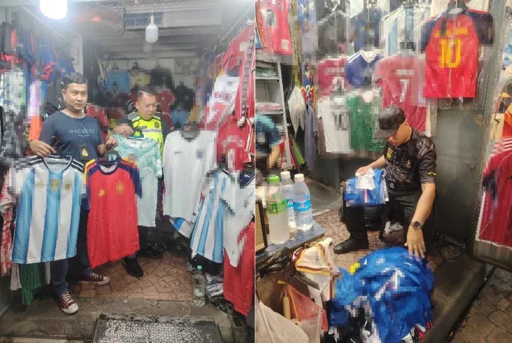 Mohd Shahran (dua dari kiri) menunjukkan antara jersi disyaki tiruan dirampas KPDN di Jalan Petaling pada Jumaat.