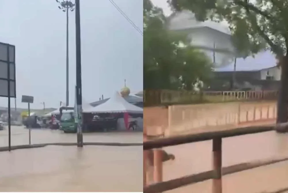 Tangkap layar video keadaan banjir di pekan Masjid Tanah Melaka. Sumber video pengguna media sosial