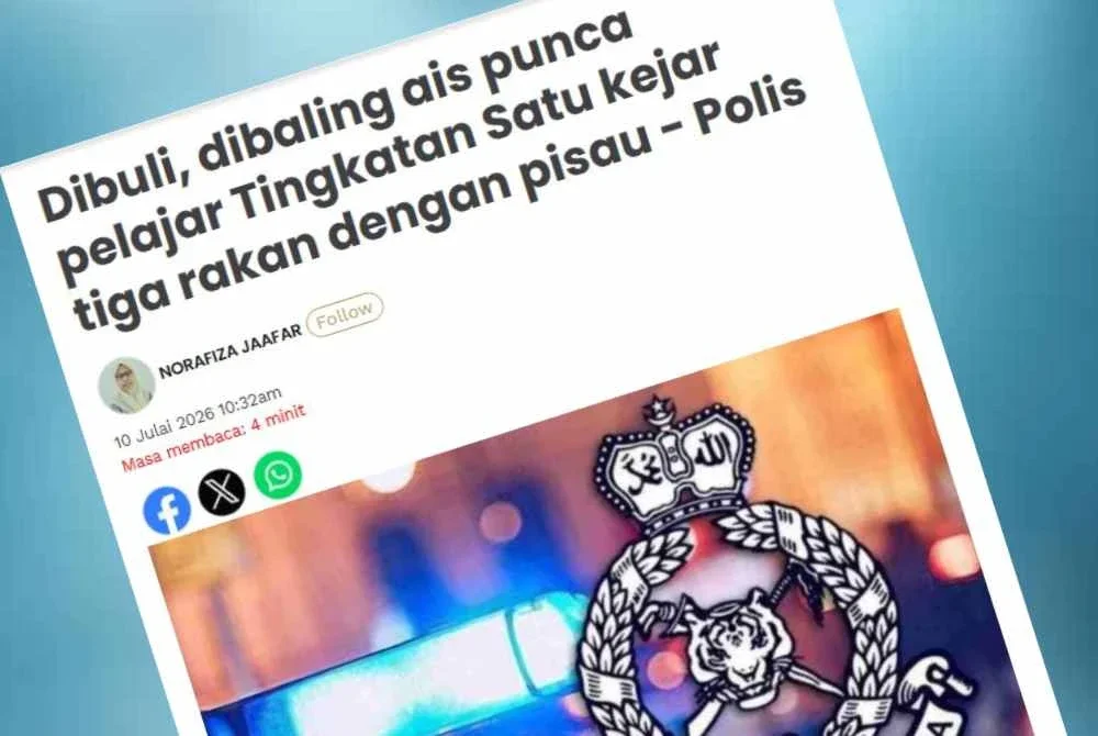 Laporan Sinar Harian mengenai kes pelajar Tingkatan Satu kejar rakan dengan pisau. 