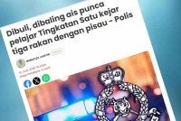 Laporan Sinar Harian mengenai kes pelajar Tingkatan Satu kejar rakan dengan pisau. 