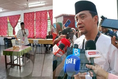 Onn Hafiz ketika sidang akhbar selepas selesai membuang undi di SK Simpang Renggam pada pagi Sabtu.