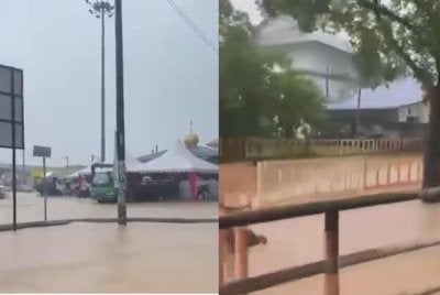 Tangkap layar video keadaan banjir di pekan Masjid Tanah Melaka. Sumber video pengguna media sosial
