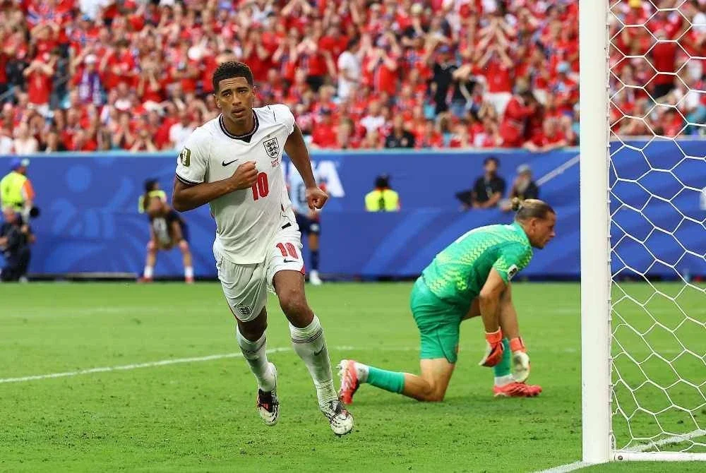 Bellingham menjaringkan gol kemenangan England pada minit ketga masa tambahan dan membawa Thee Lions ke separuh akhir Piala Dunia. Foto: Agensi