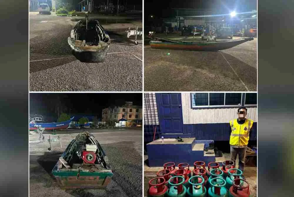 Seorang penyeludup melarikan diri ke Thailand dengan meninggalkan sebuah perahu sarat dengan LPG di pangkalan haram Mekza, Simpangan, Tumpat pada Sabtu. Foto: PGA