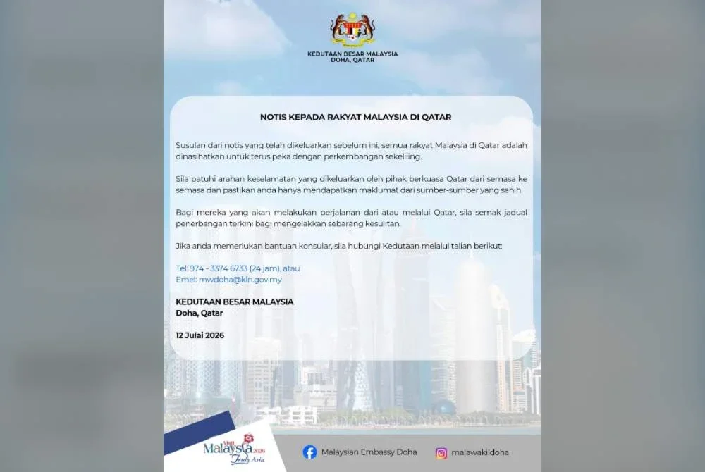 Rakyat Malaysia di Qatar dinasihatkan patuhi arahan keselamatan susulan serangan baharu AS-Iran Rakyat Malaysia di Qatar dinasihatkan patuhi arahan keselamatan susulan serangan baharu AS-Iran