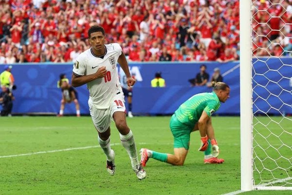 Bellingham menjaringkan gol kemenangan England pada minit ketga masa tambahan dan membawa Thee Lions ke separuh akhir Piala Dunia. Foto: Agensi
