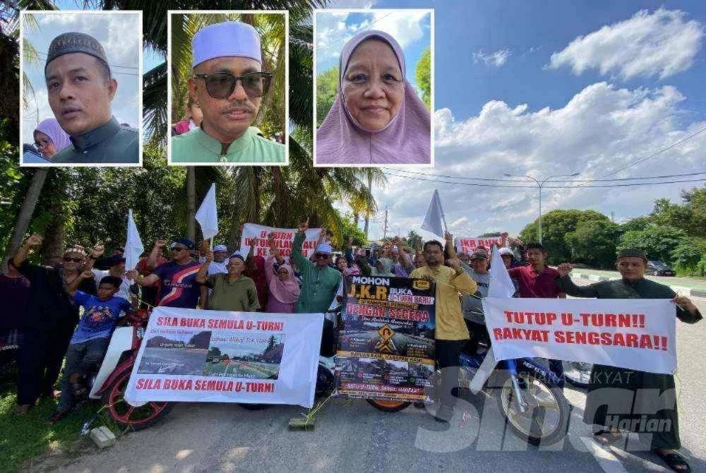 Lebih 200 penduduk melibatkan beberapa buah kampung di Peringat di sini mendesak agar laluan pusingan-U (U-turn) dibuka semula selepas hampir dua bulan ia ditutup kepada orang ramai. Gambar dari kiri Che Abdul Rahman, Mohd Noor Hamdan dan Norasiah. Foto HAZELEN LIANA KAMARUDIN
