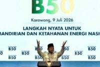 Prabowo ketika menyampaikan ucapan semasa pelancaran Program Mandatori Biodiesel B50 di kawasan Rehat dan Rawat (R&R) Kilometer 57, Lebuh Raya Jakarta–Cikampek, Karawang, Jawa Barat. Foto: Tempo.