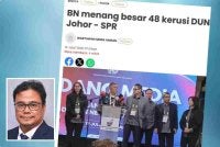 Laporan Sinar Harian mengenai BN menang besar 48 kerusi DUN Johor. Gambar kecil: Azrie