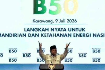 Prabowo ketika menyampaikan ucapan semasa pelancaran Program Mandatori Biodiesel B50 di kawasan Rehat dan Rawat (R&R) Kilometer 57, Lebuh Raya Jakarta–Cikampek, Karawang, Jawa Barat. Foto: Tempo.