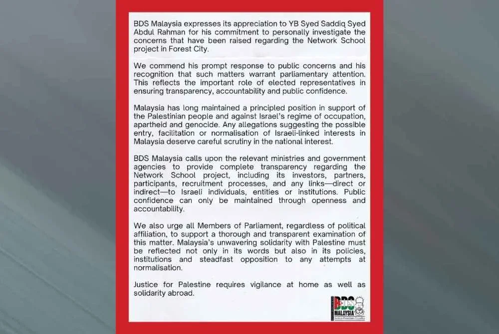 Kenyataan media BDS Malaysia pada Selasa.