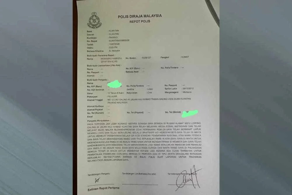 Seorang mangsa remaja di Kuantan, Pahang telah membuat laporan polis setelah ditipu dalam pembelian kredit permainan video dalam talian oleh sebuah sindiket 'scammer'.