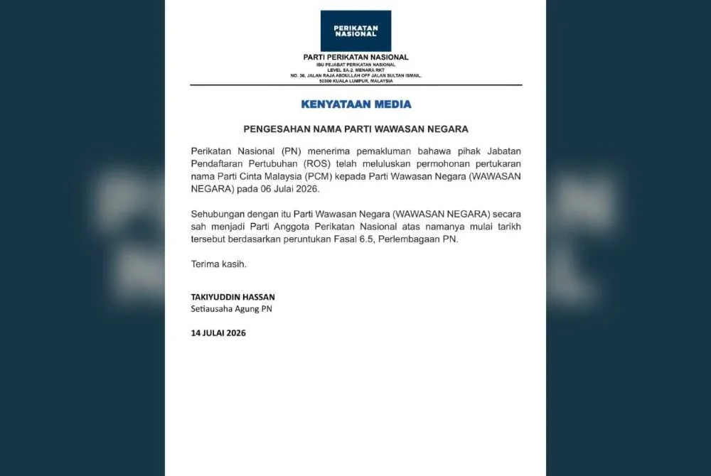 Kenyataan media PN pada Selasa.