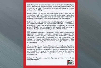 Kenyataan media BDS Malaysia pada Selasa.