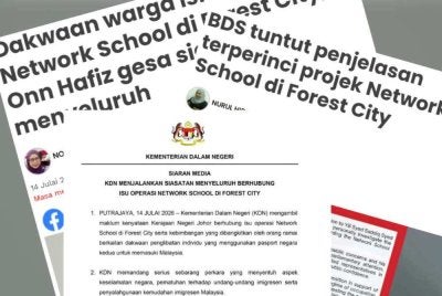 Tangkap layar kenyataan media KDN pada Selasa dan laporan Sinar Harian berkaitan isu operasi 'Network School' di Forest City, Johor.