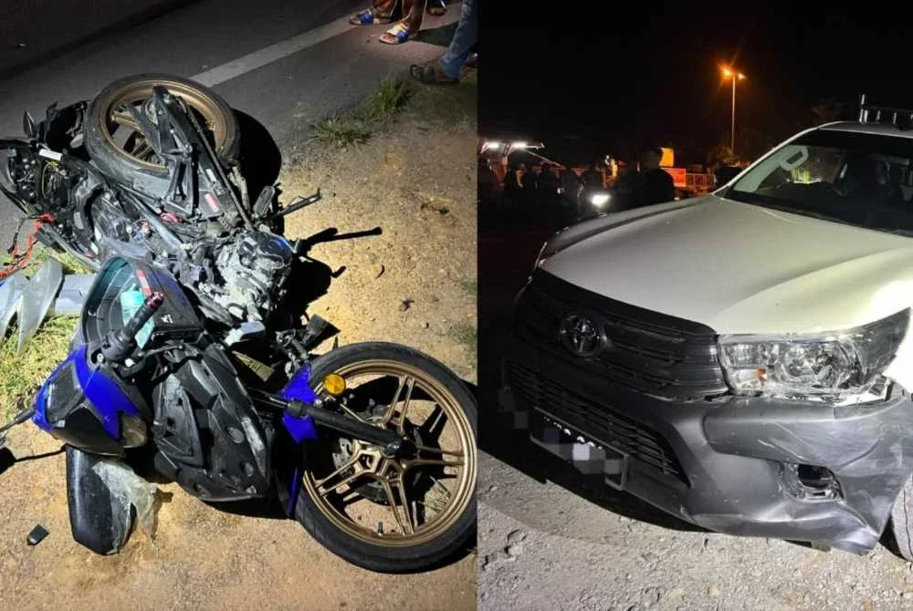 Keadaan motosikal yang ditunggangi mangsa bersama kanak-kanak berusia enam tahun selepas bertembung dengan dengan Hilux dalam kemalangan di Kilometer 15 Jalan Utama Mempaga di hadapan Sekolah Menengah Agama Persekutuan di sini pada malam Selasa.
