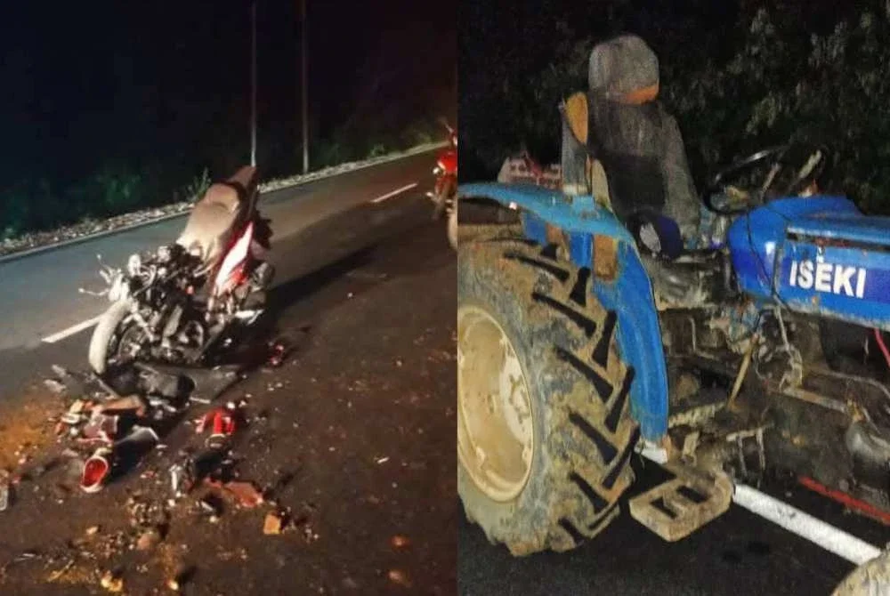 Keadaan motosikal ditunggang Muhammad Haziq selepas terlibat kemalangan dengan sebuah traktor di Jalan Ranggon, Kerteh, Kemaman pada 1 Julai lalu.