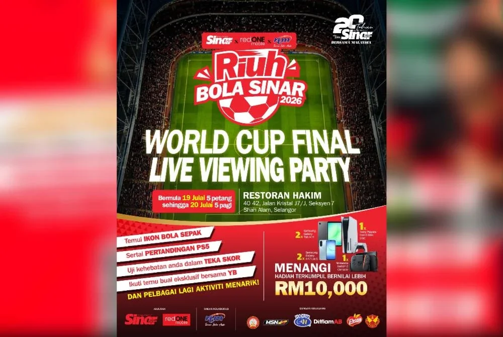 Pengunjung yang memeriahkan Riuh BOLA SINAR x redONE Mobile x RTM di Restoran Hakim pada 19 dan 20 Julai ini berpeluang membawa pulang hadiah serta wang tunai keseluruhan hampir RM10,000.