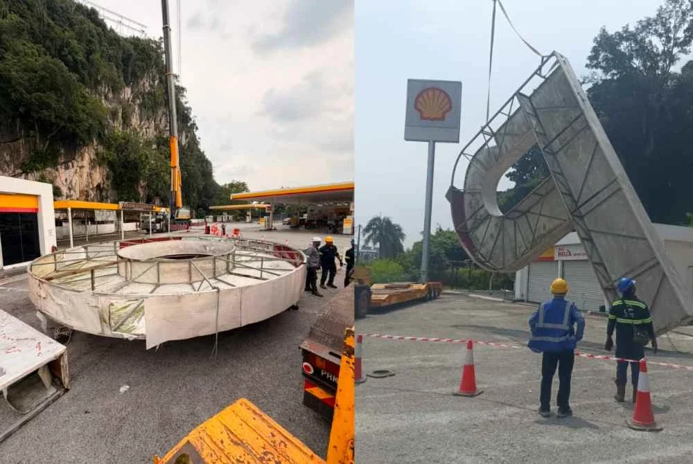 Tulisan ikonik ‘IPOH’ yang menjadi mercu tanda bandar raya ini telah diturunkan sementara bagi memberi laluan kepada kerja-kerja pemeriksaan, pembaikan dan baik pulih. Foto MBI
