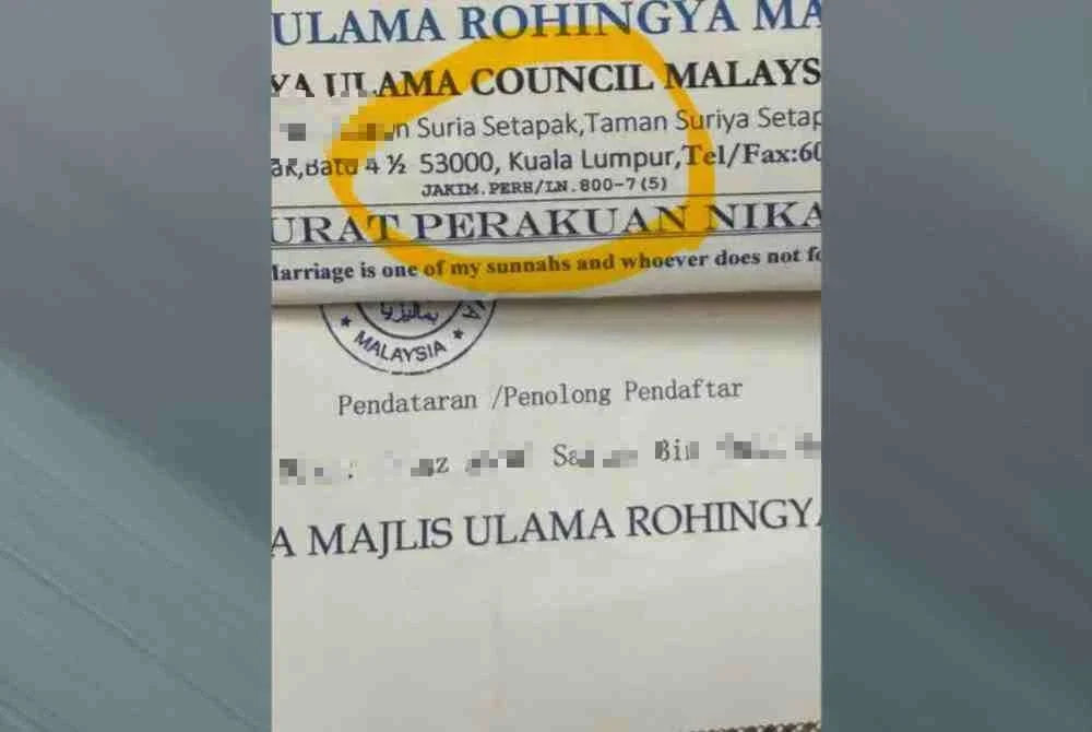 Tular sijil nikah Rohingya yang didakwa mempunyai kod Jakim.