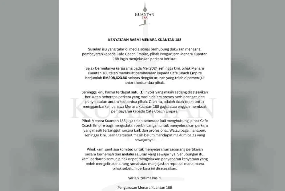 Kenyataan pengurusan Menara Kuantan 188.