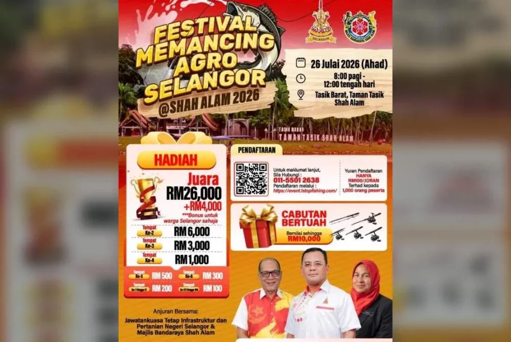 Poster mengenai penganjuran Festival Memancing Agro Selangor @ Shah Alam 2026 yang bakal diadakan pada 26 Julai ini.