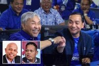 Pengerusi BN, Datuk Seri Dr Ahmad Zahid Hamidi (kiri) bersalaman dengan Pengerusi BN Johor, Datuk Onn Hafiz Ghazi sebagai tanda penghargaan selepas keputusan PRN Johor ke-16 menunjukkan kemenangan berpihak kepada BN. Foto Bernama (Gambar kecil: Sivamurugan (kiri), Mujibu)