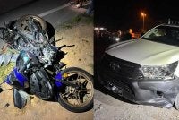 Keadaan motosikal yang ditunggangi mangsa bersama kanak-kanak berusia enam tahun selepas bertembung dengan dengan Hilux dalam kemalangan di Kilometer 15 Jalan Utama Mempaga di hadapan Sekolah Menengah Agama Persekutuan di sini pada malam Selasa.
