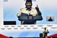 Prabowo ketika menyampaikan ucapan pada sambutan kemuncak Hari Koperasi Nasional Ke-79 di Indonesia Arena, Gelora Bung Karno, Jakarta pada Ahad. - Agensi