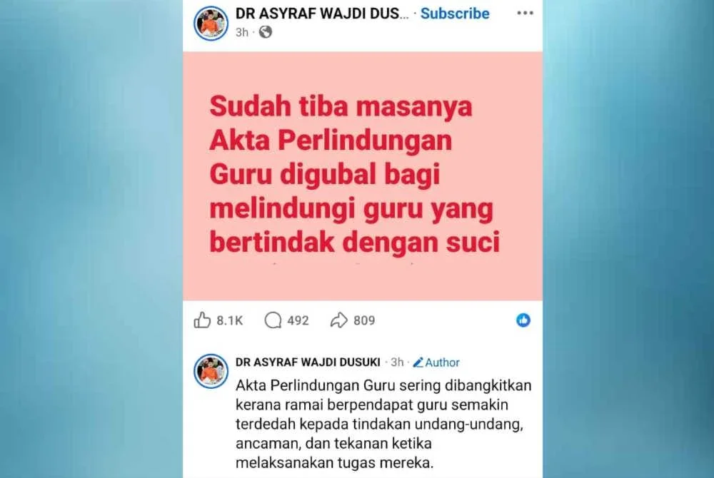 Hantaran Asyraf Wajdi di Facebook pada Khamis.
