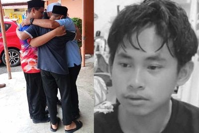 Kamaruzaman memeluk rakan-rakan arwah anaknya di luar Unit Forensik Hospital Kota Tinggi. Gambar kanan: Allahyarham Muhammad Nasrulhaq