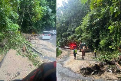 Anggota bomba yang tiba di lokasi mendapati runtuhan tanah turut membawa dahan pokok serta batu sehingga menutup separuh laluan. Foto: JBPM Perak