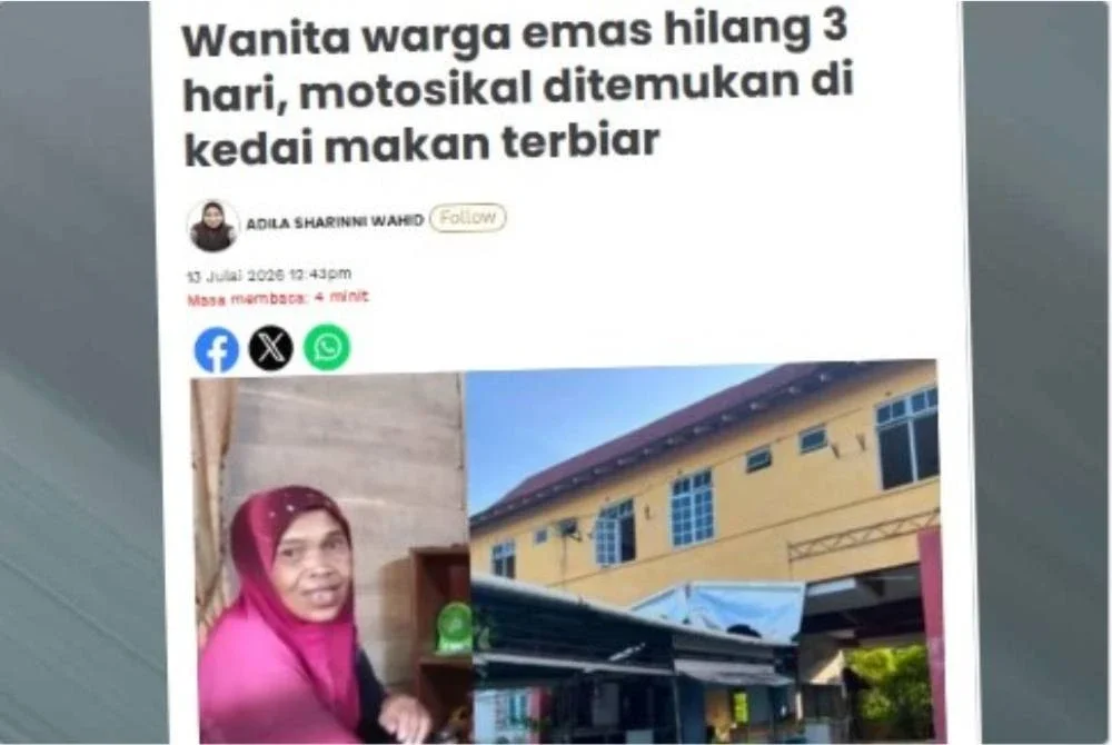 Laporan Sinar Harian berhubung wanita warga emas hilang, motosikal ditemukan di kedai makan terbiar