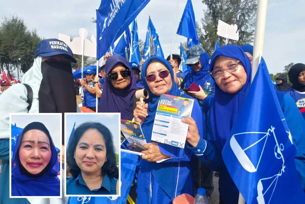 Jentera parti PN (kiri) berkongsi risalah calon mereka kepada jentera BN ketika di luar Pusat Penamaan Calon di Port Dickson. Gambar kecil dari kiri: Norhasrina dan Lilavathi