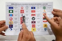 Petugas SPR melakukan pemeriksaan terhadap simbol parti yang berdaftar dengan SPR semasa simulasi proses penamaan calon PRN Negeri Sembilan di Pusat Penamaan Calon bagi DUN Lenggeng, Nilai, Lobak, Temiang, Sikamat dan Ampangan di Wisma Majlis Bandaraya Seremban (MBS) pada Jumaat.