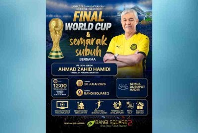 Orang ramai dijemput memeriahkan final Piala Dunia 2026 Viewing Party & Semarak Subuh bersama Timbalan Perdana Menteri, Datuk Seri Dr Ahmad Zahid Hamidi di Bangi Square 2, bermula jam 12 tengah malam, Isnin ini.