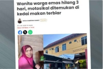 Laporan Sinar Harian berhubung wanita warga emas hilang, motosikal ditemukan di kedai makan terbiar