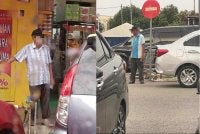 Warga emas yang didakwa mengemis meminta orang awam sedekah secara paksa berada di sebuah pasar raya di Sungai Udang. Foto: Media sosial.