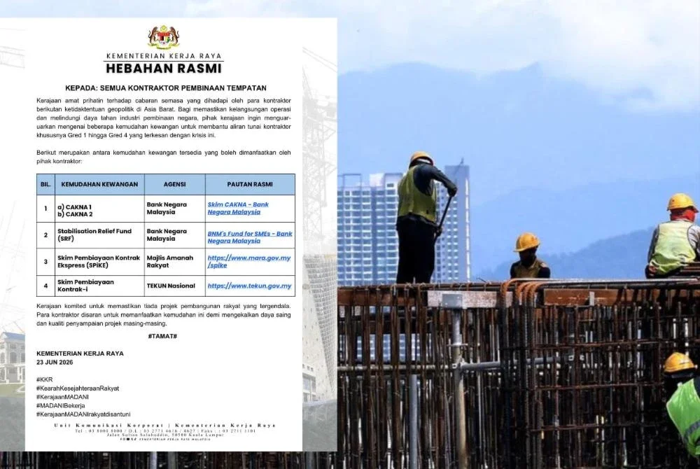 Hebahan rasmi KKR tentang kemudahan kewangan disediakan untuk membantu kontraktor tempatan.
